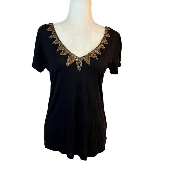 Gryphon Women's Sequin Embellished V-Neck Short Sleeve Blouse Black Small - Picture 1 of 4